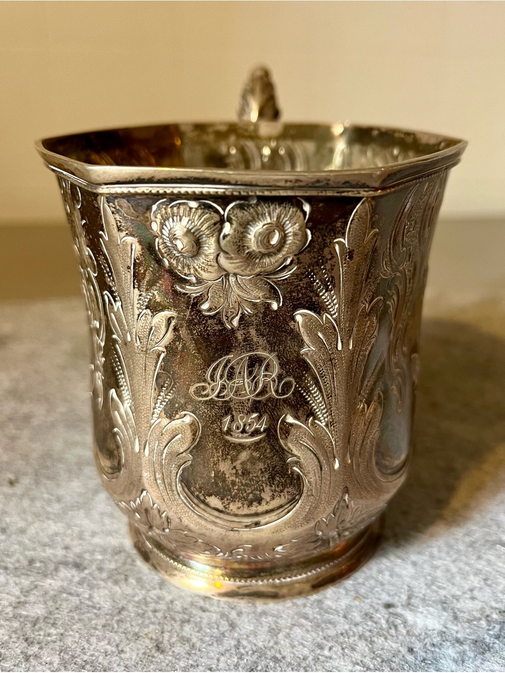 1854 Silver Plate Presentation Mug Ornate Repoussé Chased Floral Details
